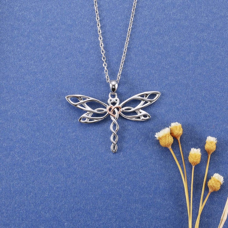 MANBU Sterling Silver Dragonfly Necklace Bracelet for Women Celtic Infinity Dragonfly Pendant Christmas Jewelry Gifts for Nature Lovers (rosegold heart) - Image 3
